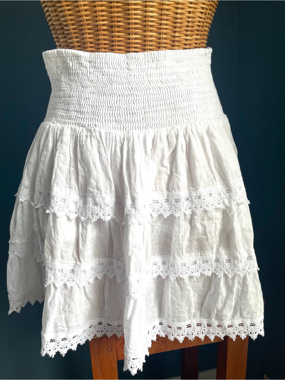 MYM White Tiered Mini Skirt Free Size Boho Lace Trim Smocked Waist